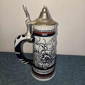 Avon Ceramic Beer Stein Pitcher with Pewter Lid - Blue White Red Accents